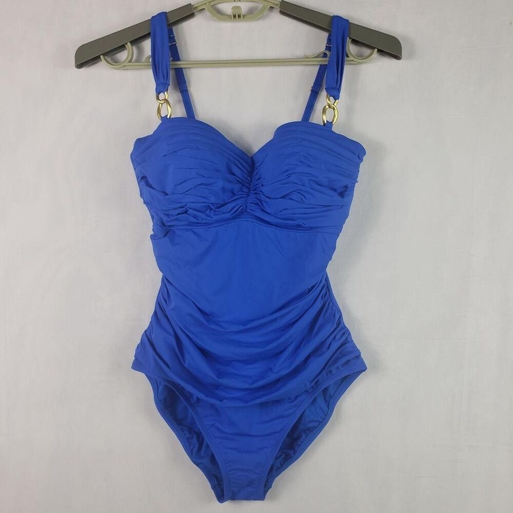 Bleu Rod Beattie One Piece Swimsuit Womens 10 Blue Ruched Gold Ring RBLB25878